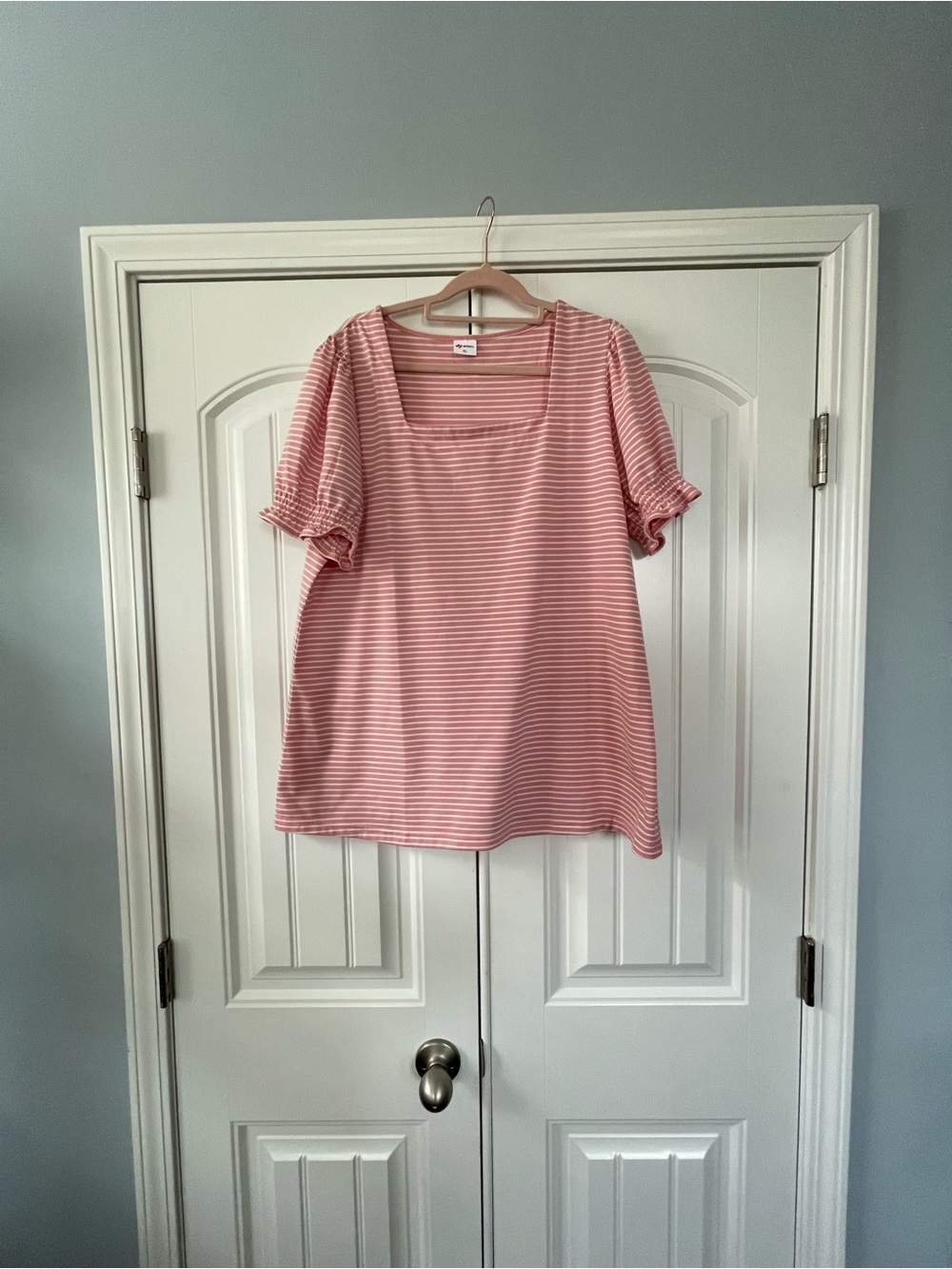 Pink Striped Square-Neck Short Sleeve Top - Women's